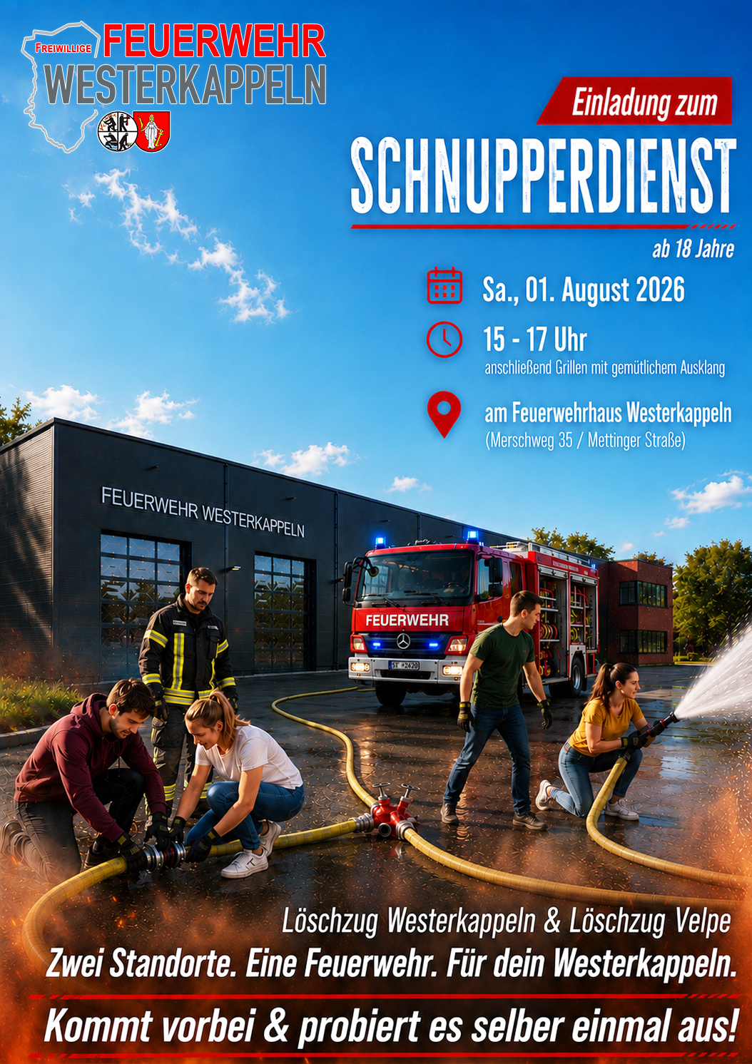 Schnupperdienst am 1. August 2026 um 15 Uhr am Feuerwehrhaus Westerkappeln